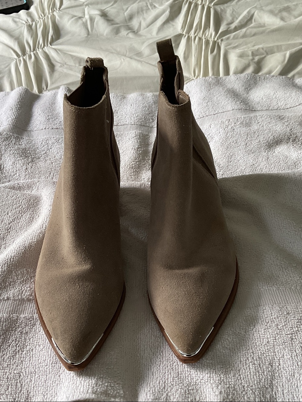 Marc Fisher Taupe Suede Pointed Chelsea Booties